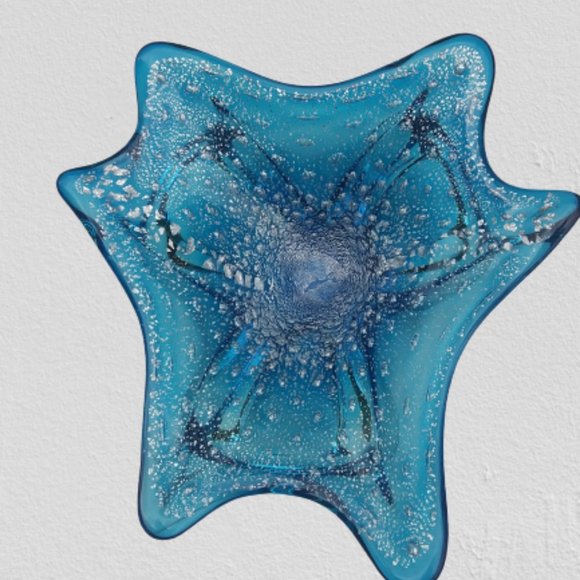 Beautiful blue art glass dish silver and controlled bubbles detail inside glass